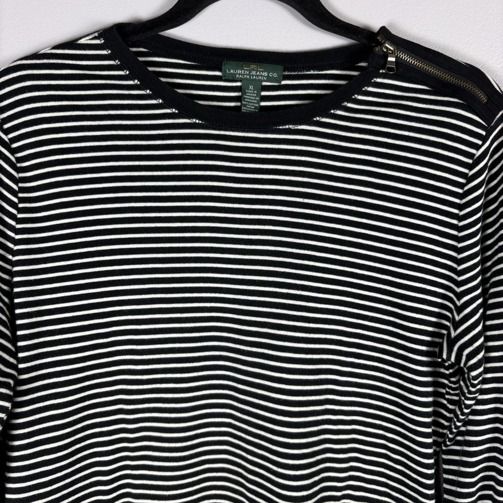 Lauren Ralph Lauren Women's XL Black‎ White Striped Zipper Elbow Patch Shirt